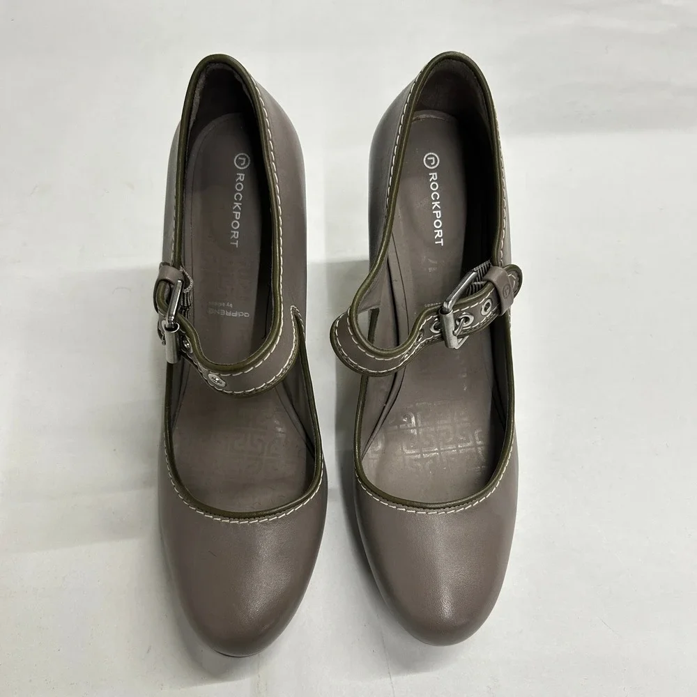 Rockport Leather Mary Jane Block Heel Pumps Buckle 10 Taupe Dark Academia Twee